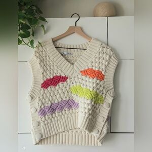 Zara Cream Knit Sweater Vest with Colorful Accents